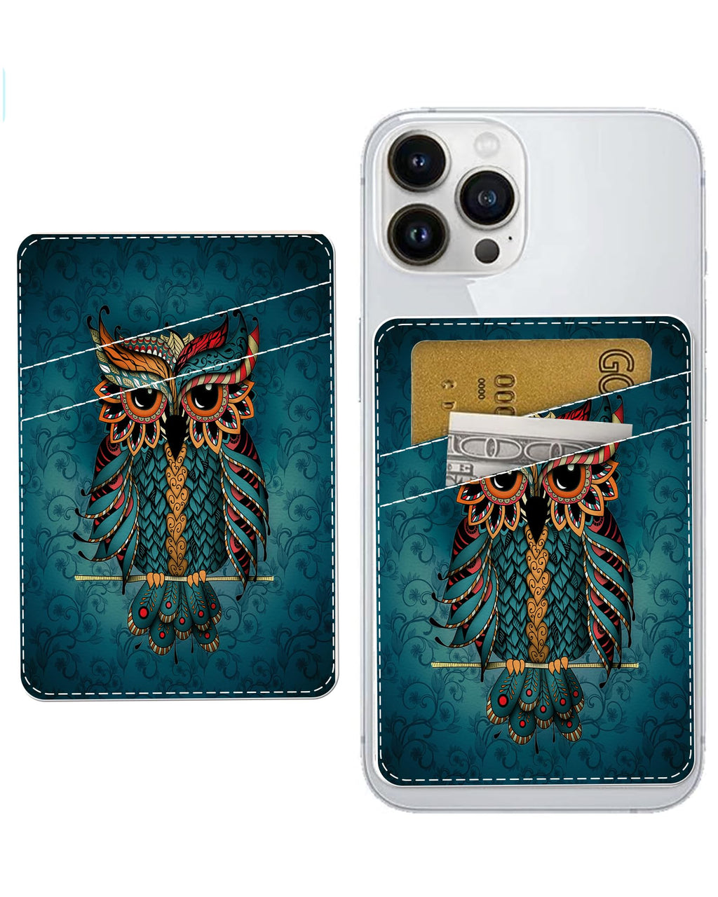 SUPKOALA Leather Phone Card Holder Phone Wallet Stick Back Phone Wallet Sticker Stylish Phone Case Credit Card Holder Compatible with Most of Cell Phone（Owl）